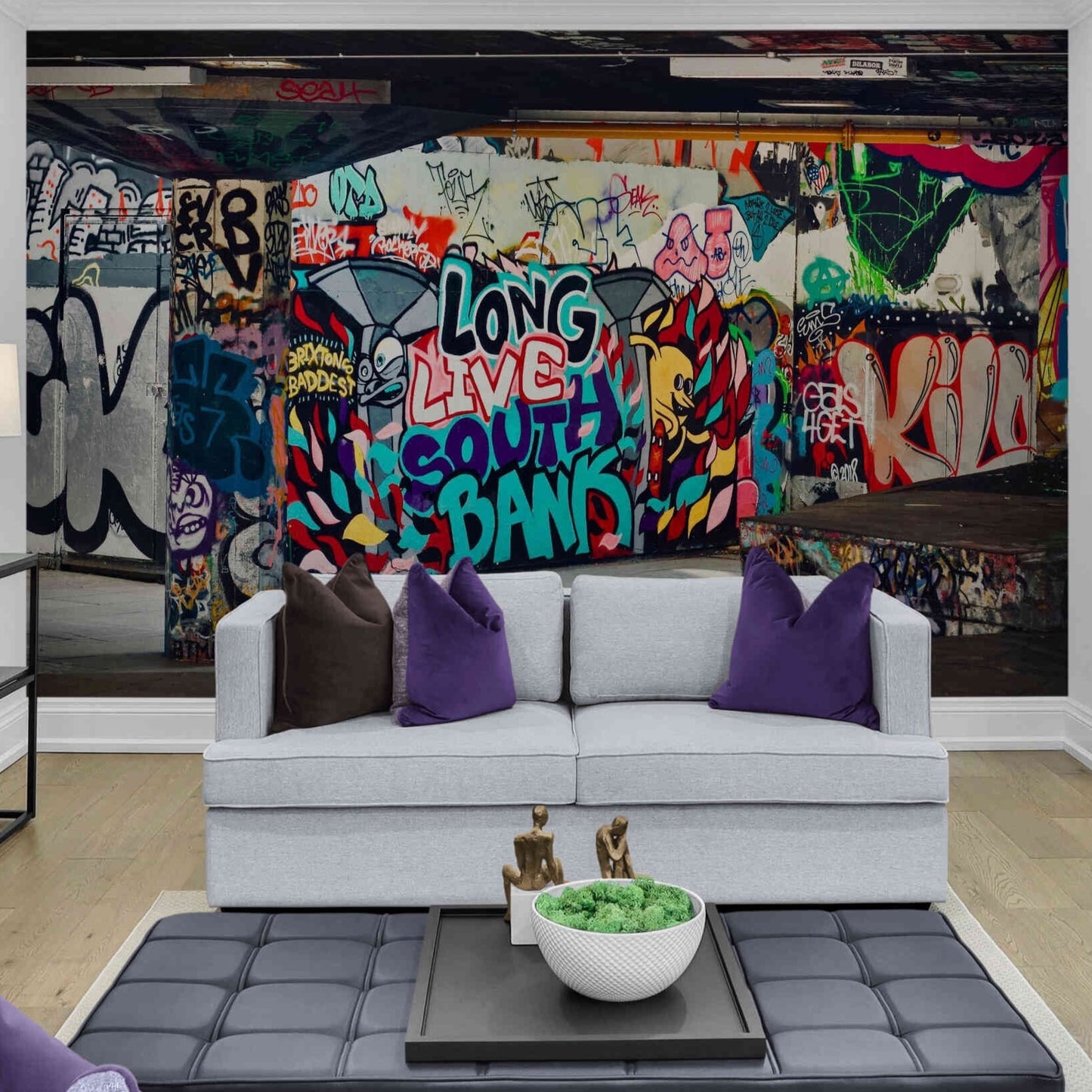 Epic gamer room with vibrant graffiti artwork wallpaper.