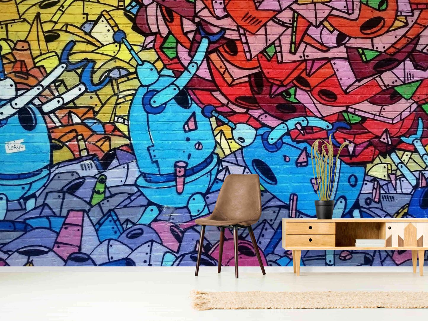  Expressive and colorful street art graffiti creating a unique bedroom atmosphere.