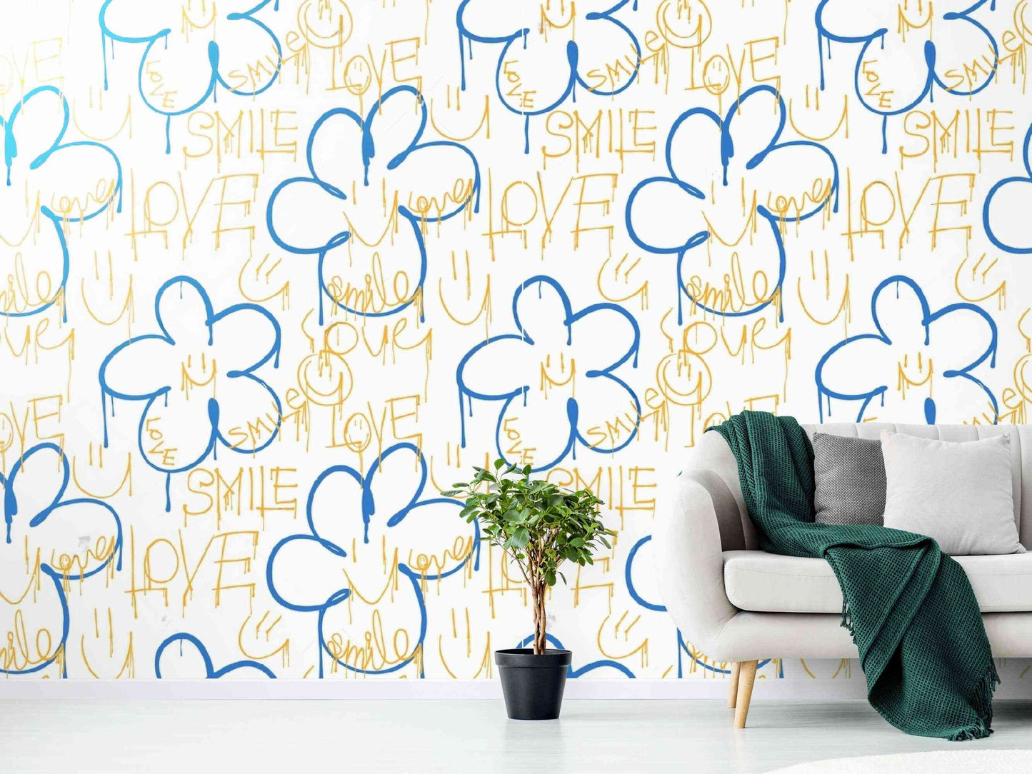 Room showcasing the graffiti wallpaper mural with a floral touch