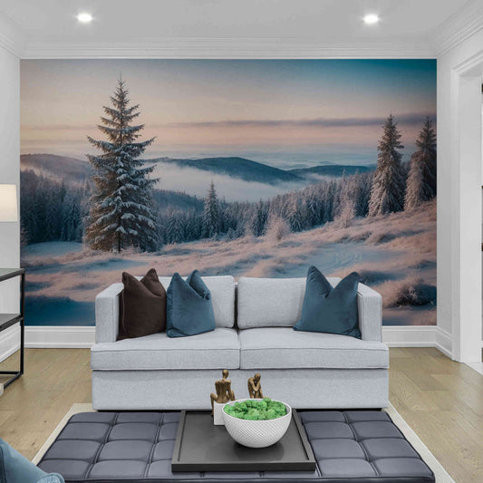 Frosty trees stand tall in this Winter Landscape Wall Mural, capturing the essence of a serene winter morning