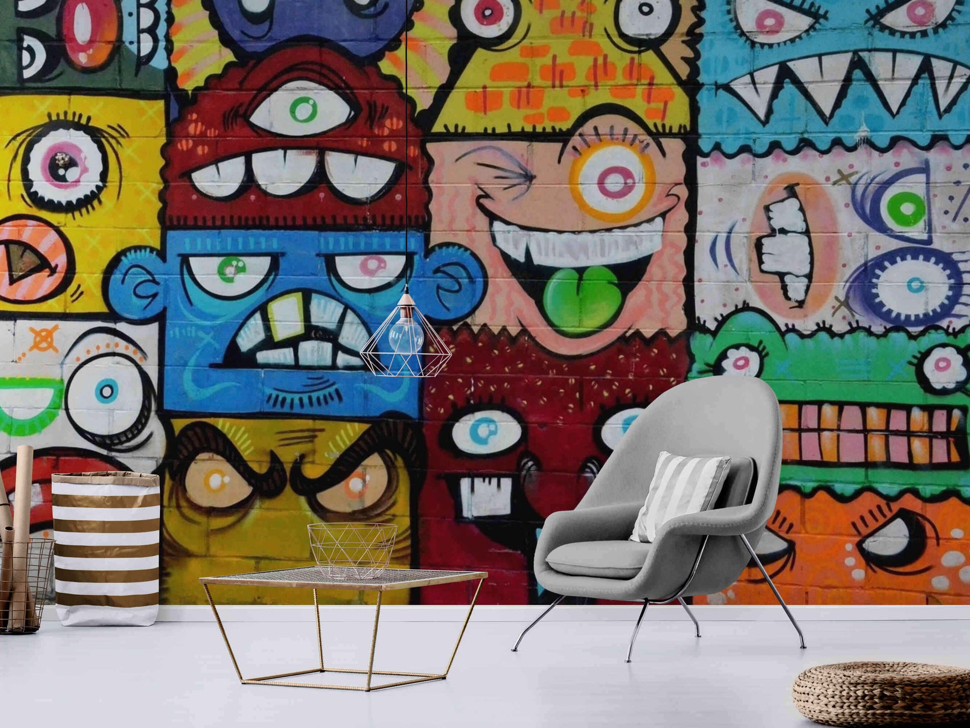 Witty and humorous graffiti wall mural showcasing playful characters and clever quips, infusing any space with laughter and a touch of urban artistry.
