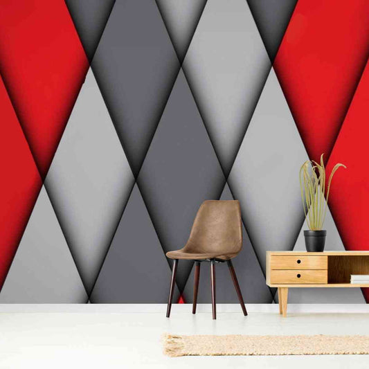 Geometric red with grey 3D wallpaper in a modern interior setting