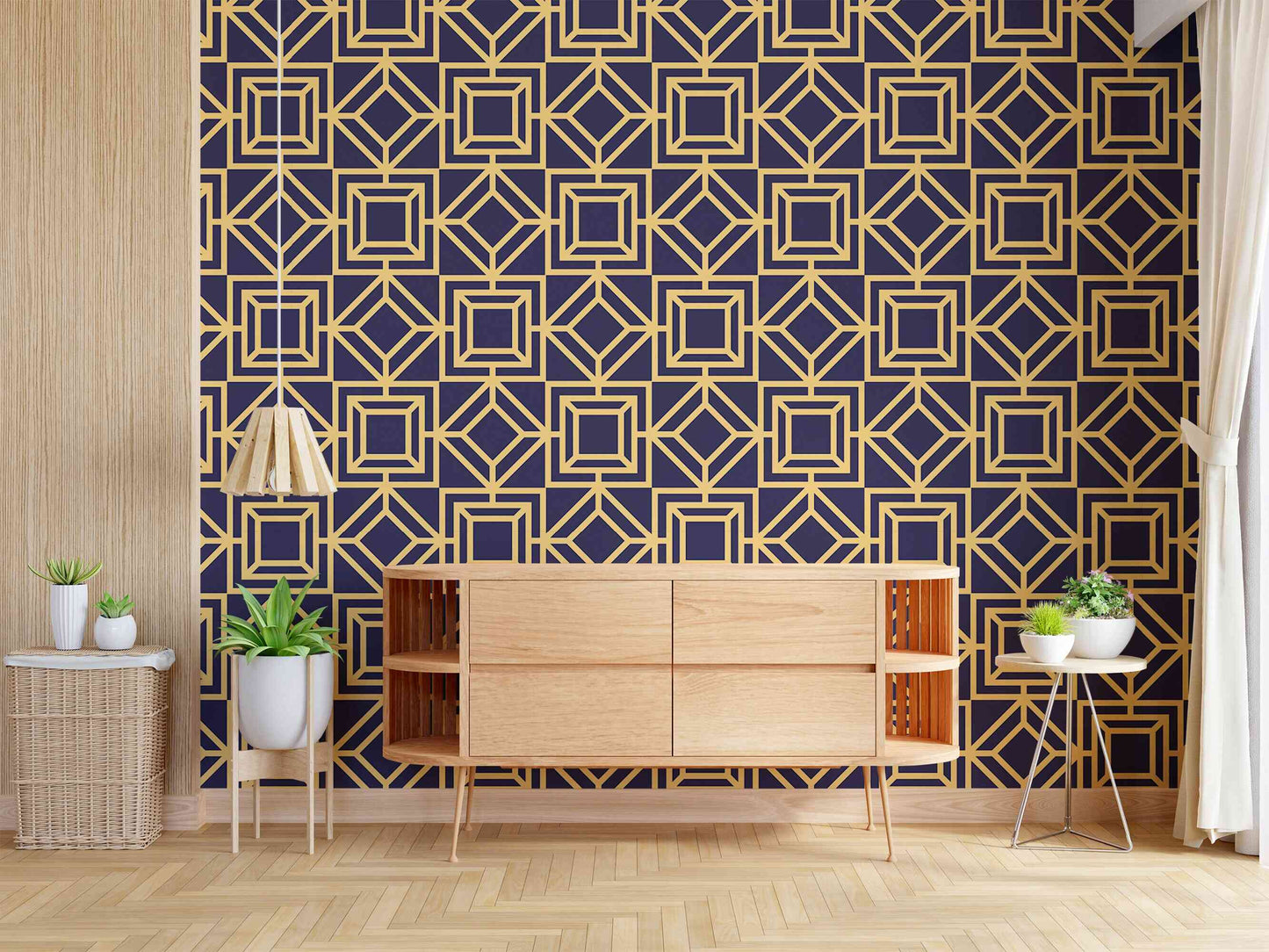 Geometric self-stick wallpaper offering a chic and refined look.