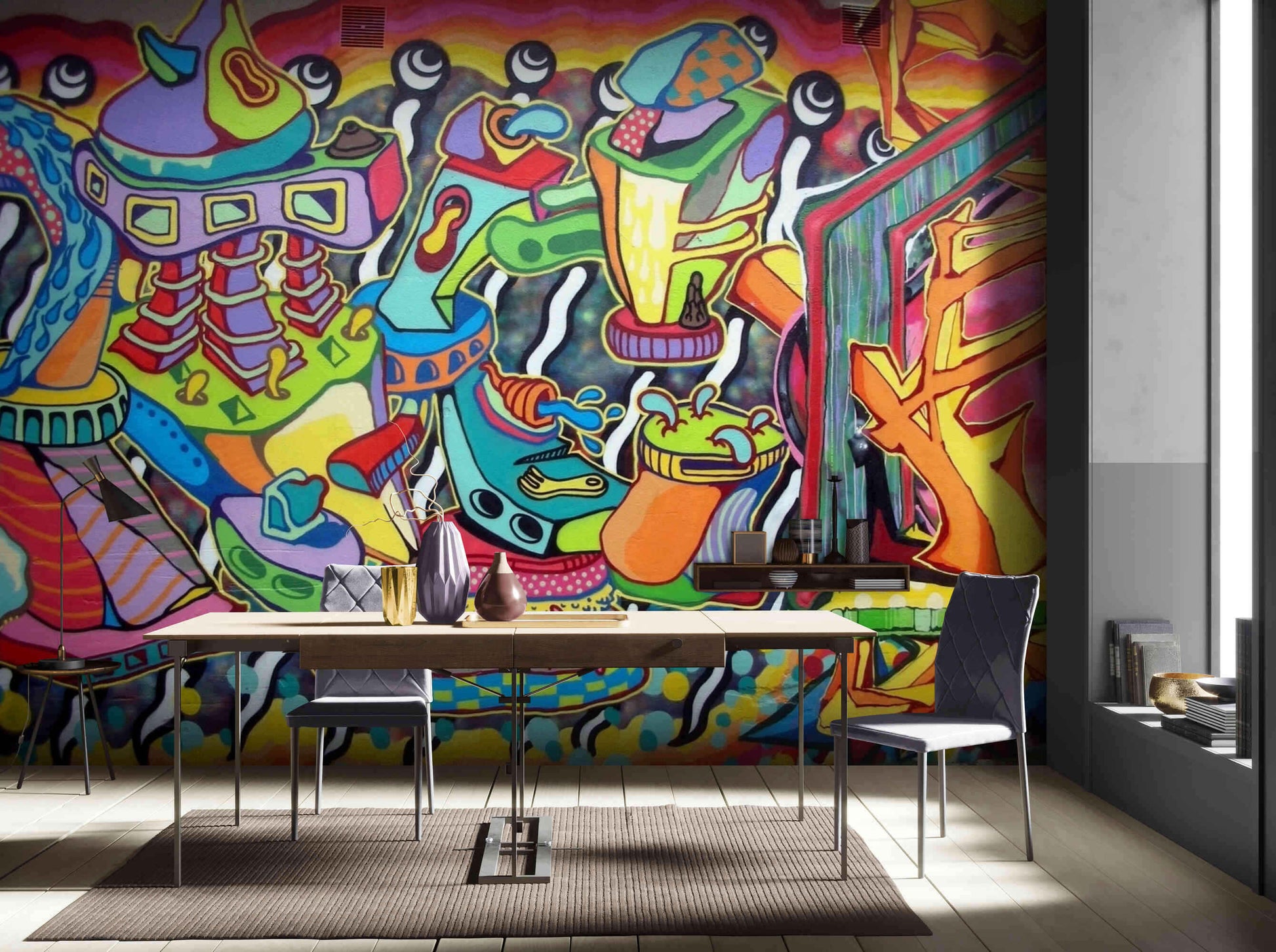 Geometric Art Deco patterns meets street art in this unique graffiti wall mural design.