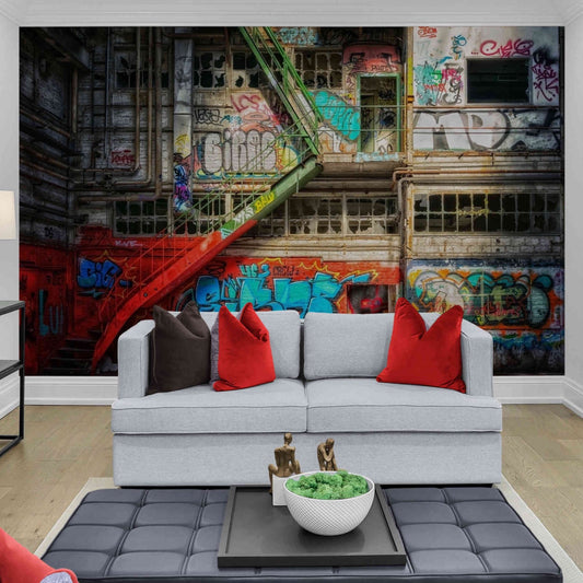 Urban landscape brought to life through graffiti, in a removable wall mural for easy decor change.