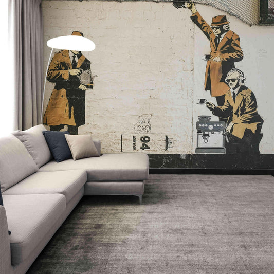 Urban graffiti art on a removable wall mural for dynamic interior design.