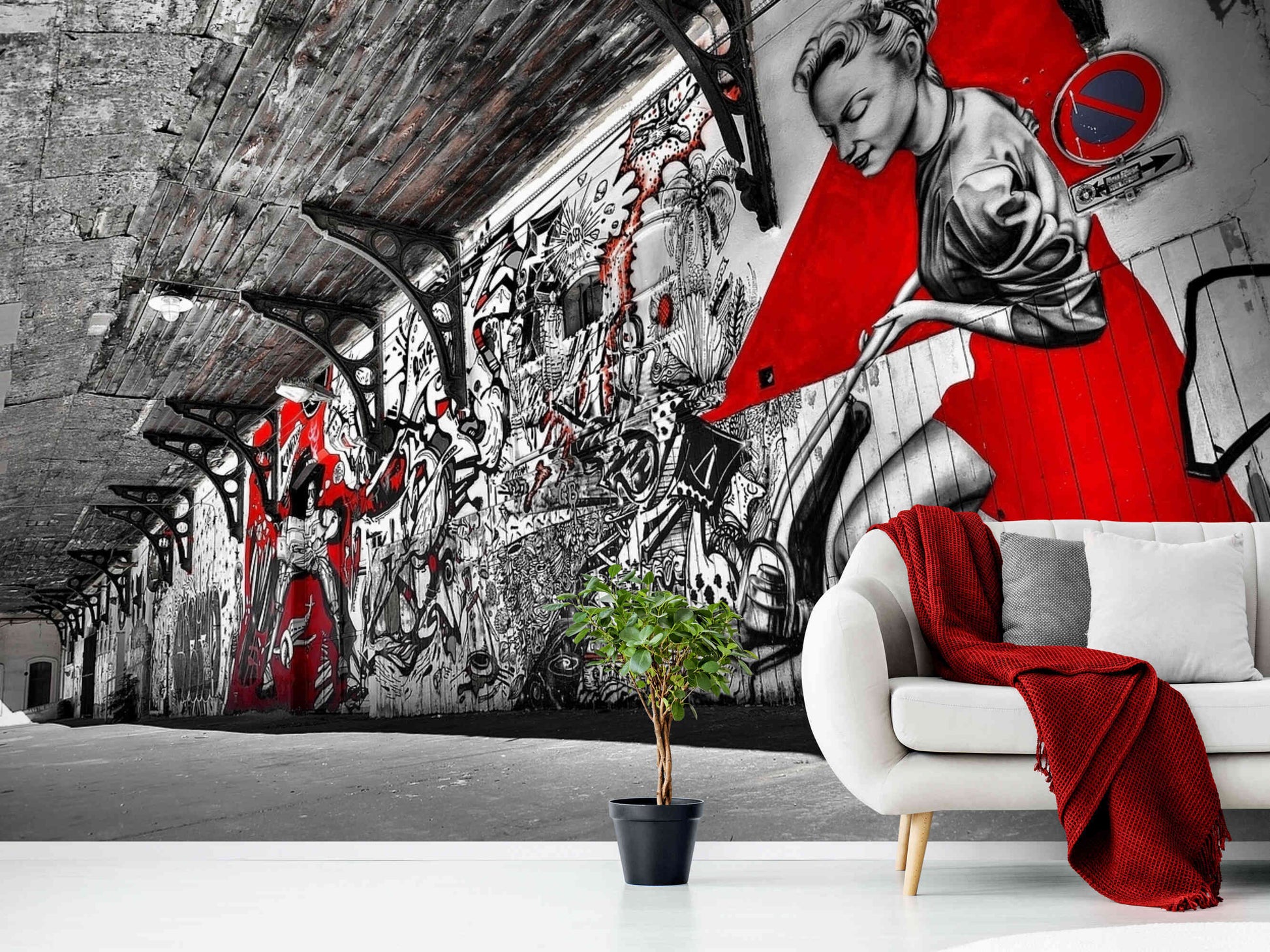 Intricately tagged graffiti wallpaper, capturing the essence of street art in a peel and stick mural.
