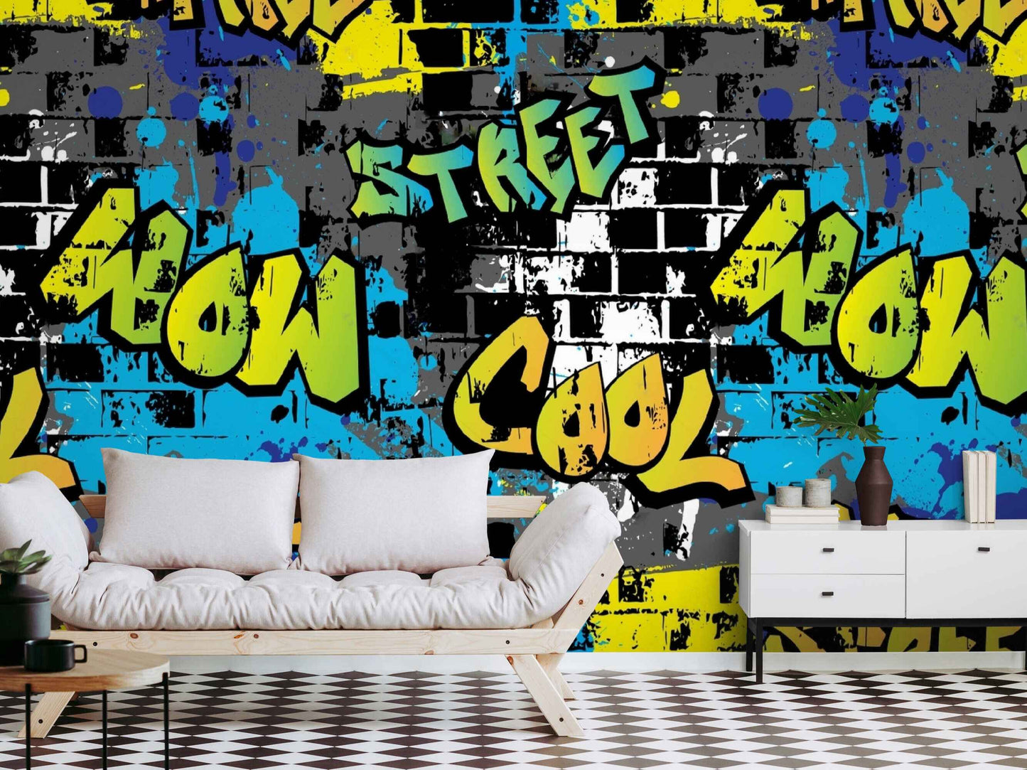  An image of a wall covered in a graffiti mural with bold and abstract designs, shapes, and lettering in various colors such as blue, green, and yellow. The mural is hand-painted or printed on the wall, covering a significant portion of the surface. The artwork is inspired by street art and adds a raw and edgy vibe to the interior decor. The mural can be a focal point of a room, adding character and personality to the space.