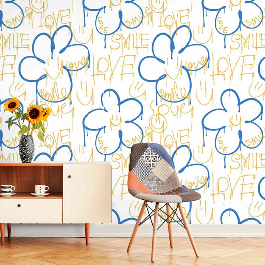 Stunning graffiti wallpaper mural featuring vibrant yellow flowers