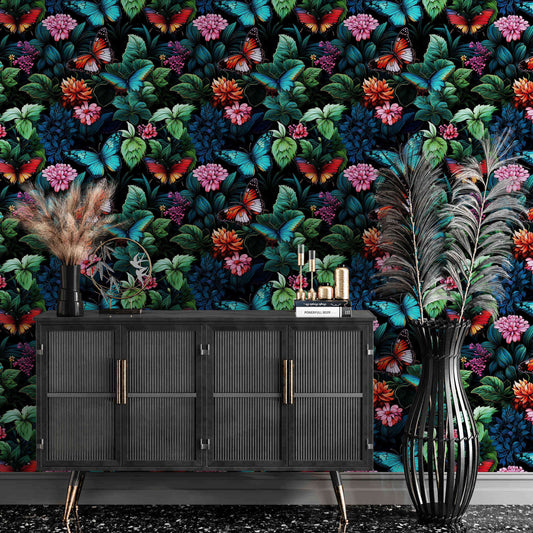 Green floral wallpaper adorned with delicate flower patterns, infusing spaces with a fresh and vibrant botanical charm.