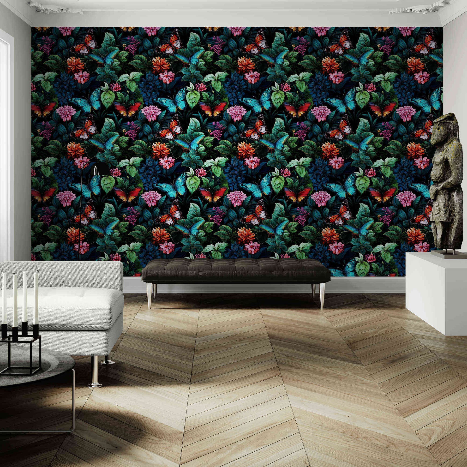 Green floral wallpaper adorned with delicate flower patterns, infusing spaces with a fresh and vibrant botanical charm.
