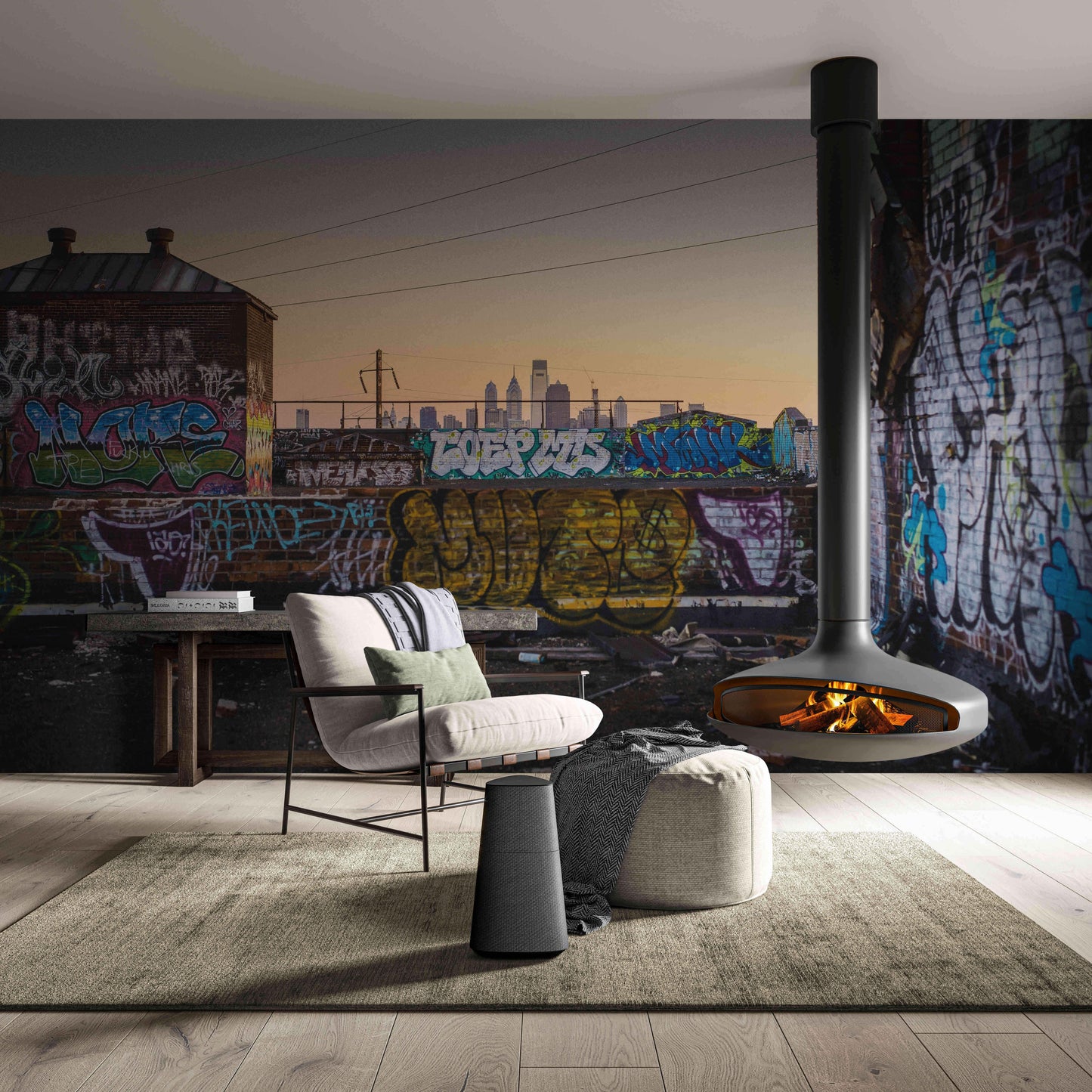 Vibrant grunge wall mural featuring eclectic street art designs