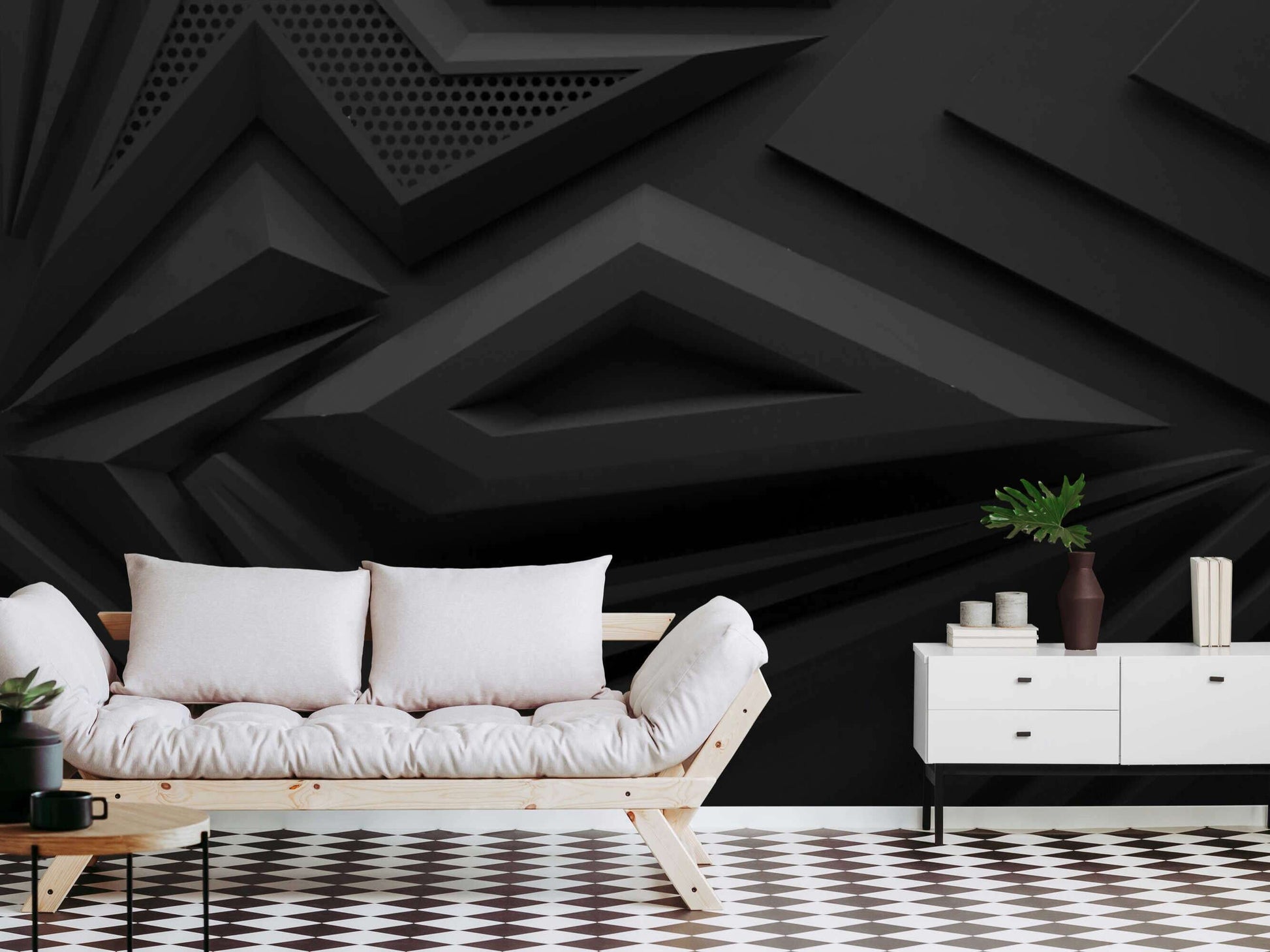 Immersive 3D wallpaper with a dark mural design, adding depth and dimension to the room.