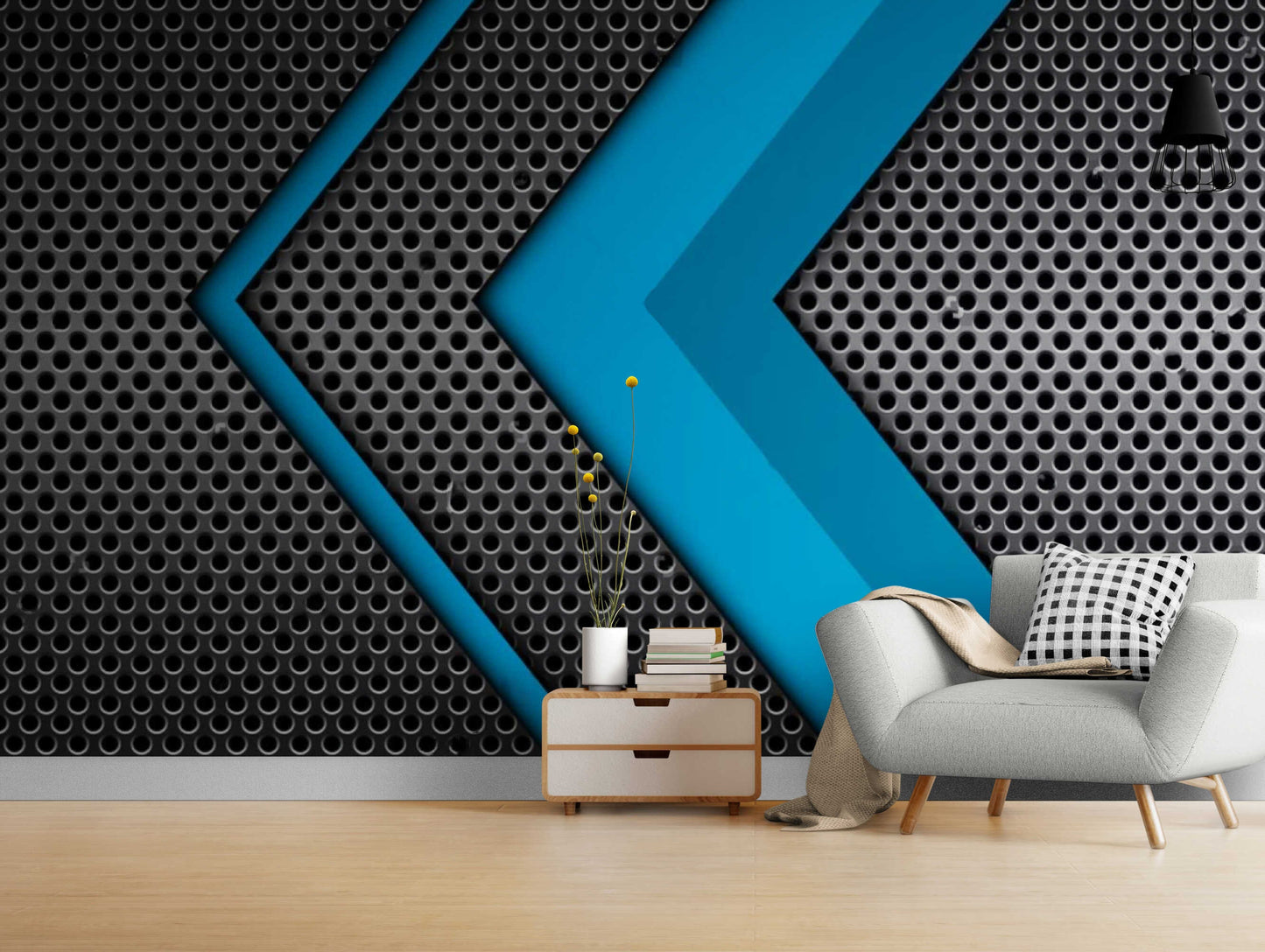 Industrial-inspired wall decor with a bold blue accent wall design, adding depth and dimension to your space.