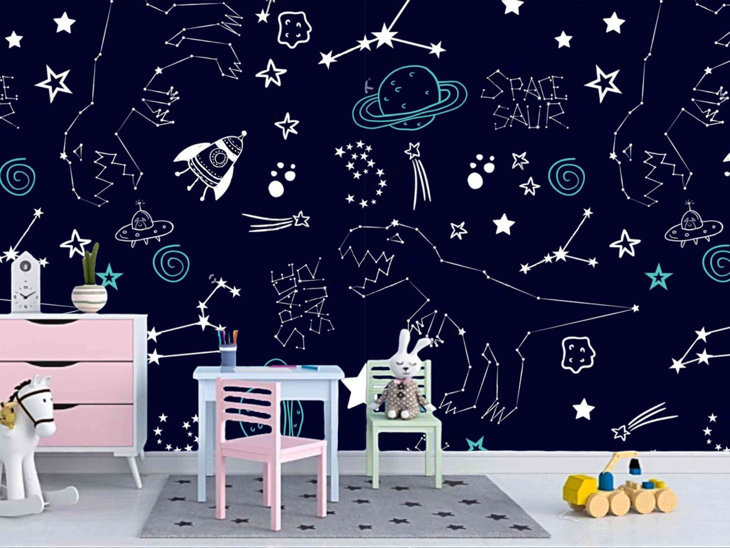 Kids Room Space and Dinosaur Wallpaper