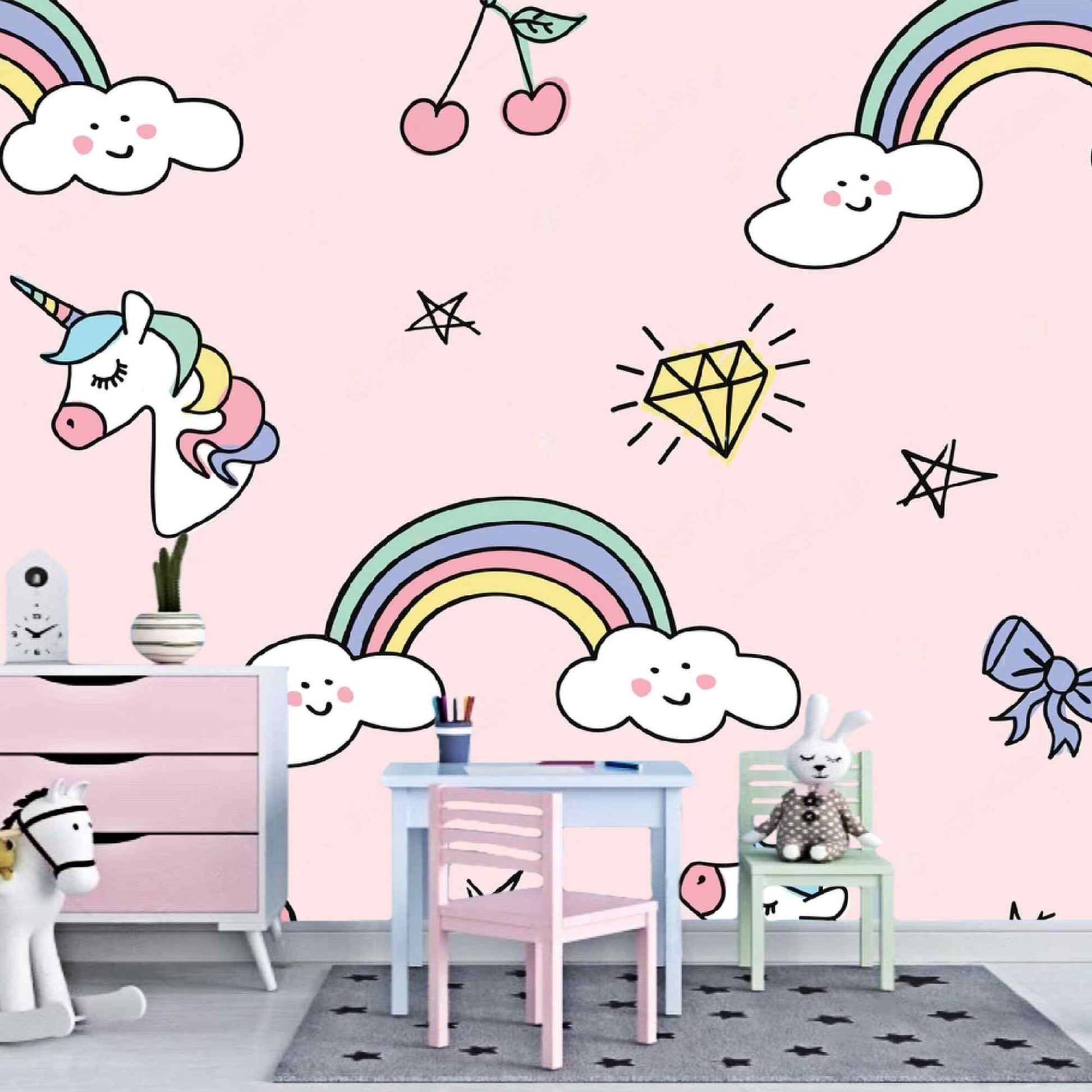 Whimsical kids wallpaper in a newborn baby girl's nursery, creating a playful and enchanting atmosphere.