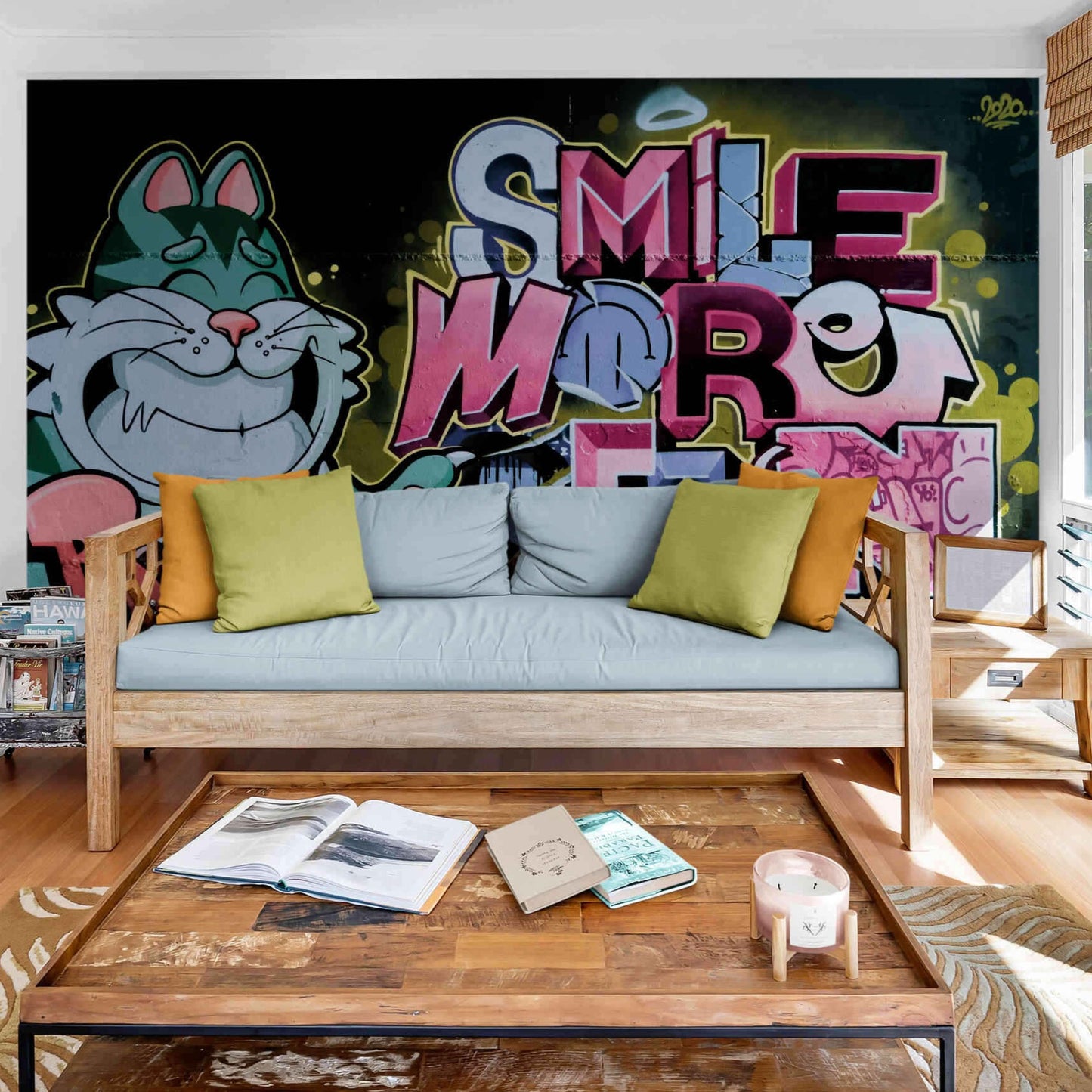 Magical creatures in vibrant cartoon graffiti wallpaper for a girl's bedroom.