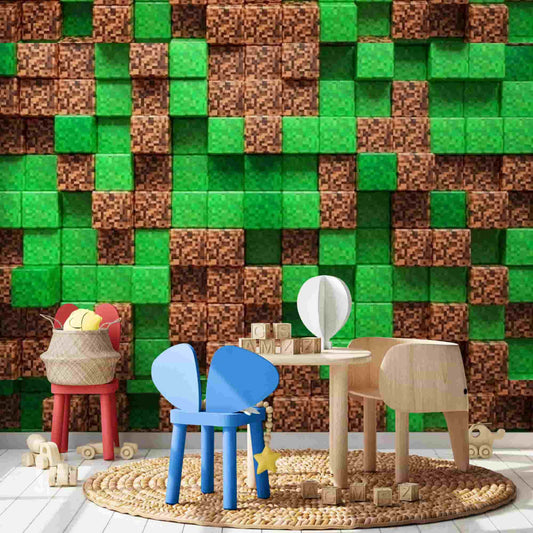 Colorful and vibrant Minecraft-themed mural wallpaper featuring a dynamic landscape from the game, ideal for decorating a kid's game room. The wallpaper showcases various elements from Minecraft, including blocks, trees, animals, and characters, all rendered in the game's signature pixelated style. The lively scene creates a playful and imaginative atmosphere, perfect for sparking creativity and adventure in a child's gaming space.