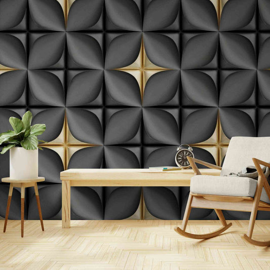 Gray and gold abstract wallpaper mural in a modern 3D design