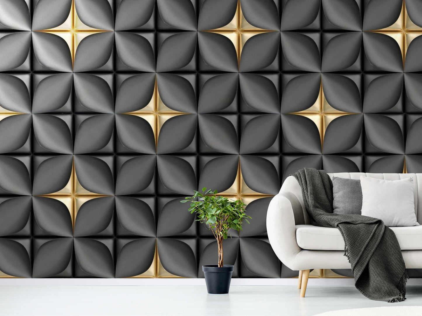 Close-up of gold abstract design on gray 3D wallpaper mural