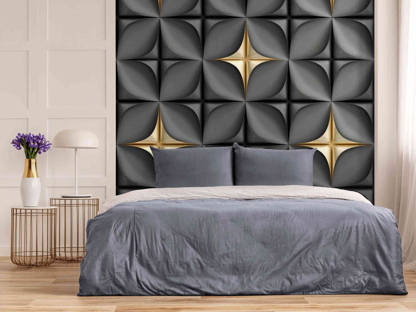 Modern living room with gray and gold abstract wallpaper mural as a focal point