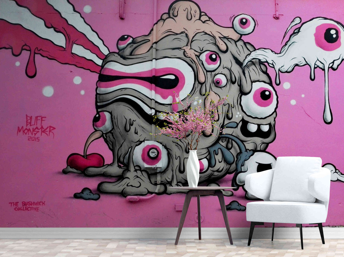 Playful pink graffiti mural wallpaper, perfect for adding a vibrant touch to a girl's bedroom.