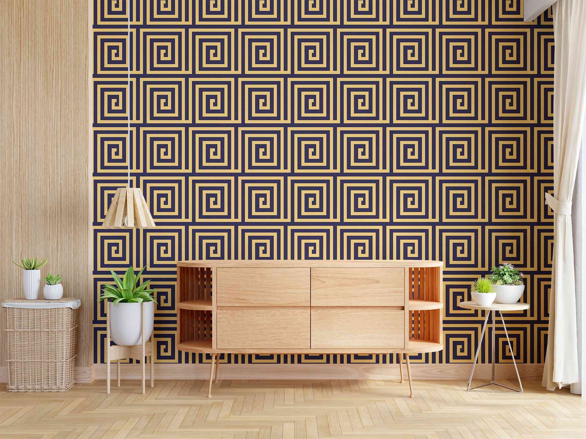 Modern geometric wallpaper with gold lines, perfect for a stylish, contemporary look.