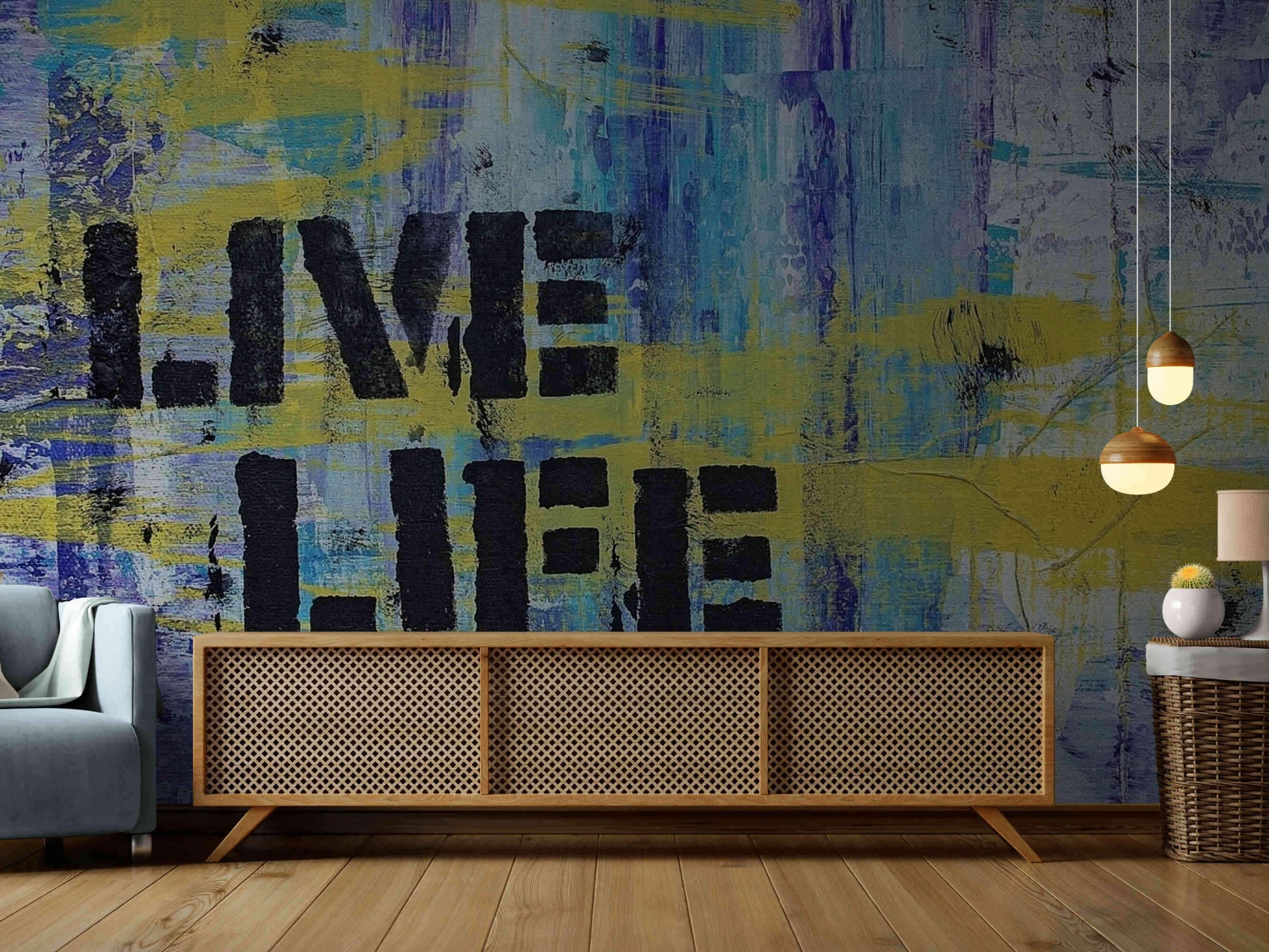 Motivational graffiti art with 'Live' boldly written on a dynamic blue and yellow background.
