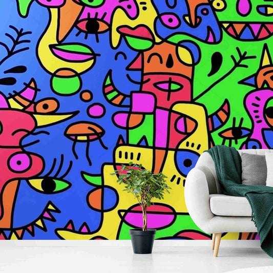 An image of a wallpaper with a multicolored graffiti design, featuring abstract shapes, lines, and splatters in various shades of blue, green, pink, and yellow. The wallpaper is peel and stick, making it easy to install and remove without causing damage or leaving residue on the wall surface. The design is ideal for creating a bold and artistic statement in modern interiors, such as living rooms, bedrooms, or home offices, where it adds a pop of color and texture to the decor.