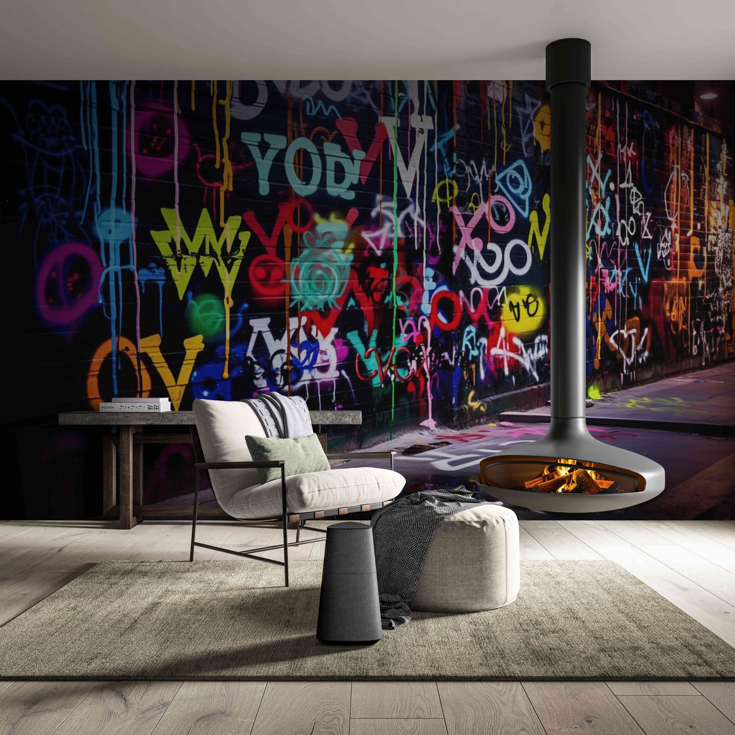 A neon explosion of colors in graffiti art, electrifying walls with peel and stick wallpaper.