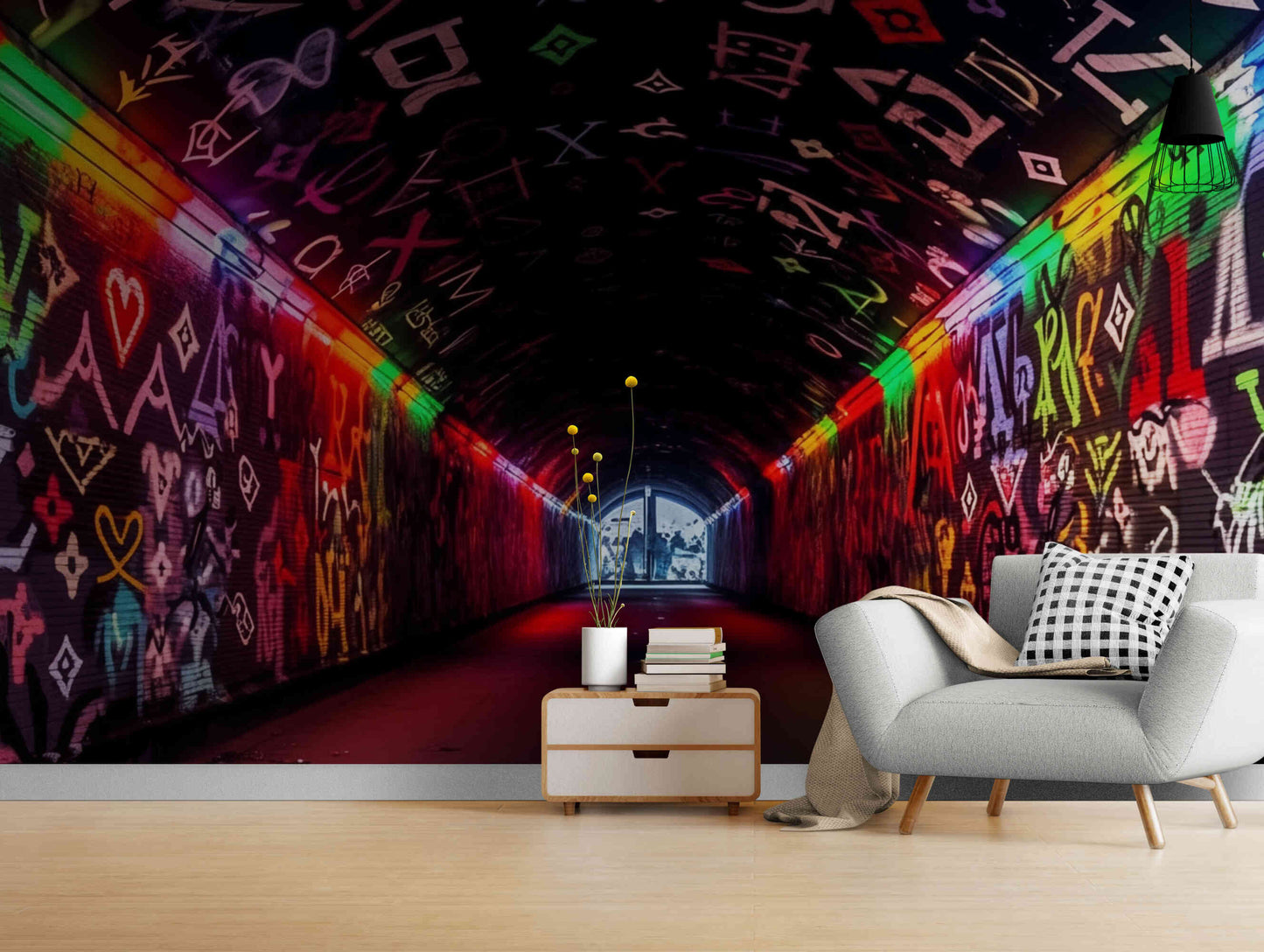 Neon green lights up the urban vibe in this graffiti wall mural, bringing the energy of the streets indoors.