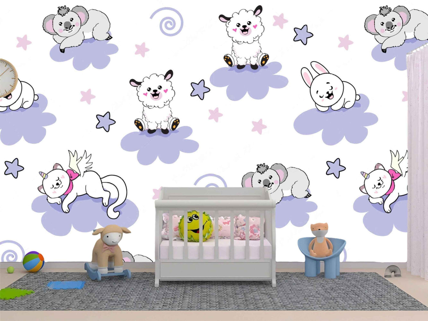 Playful nursery wallpaper designs with charming cartoon animals, creating a whimsical and joyful ambiance.