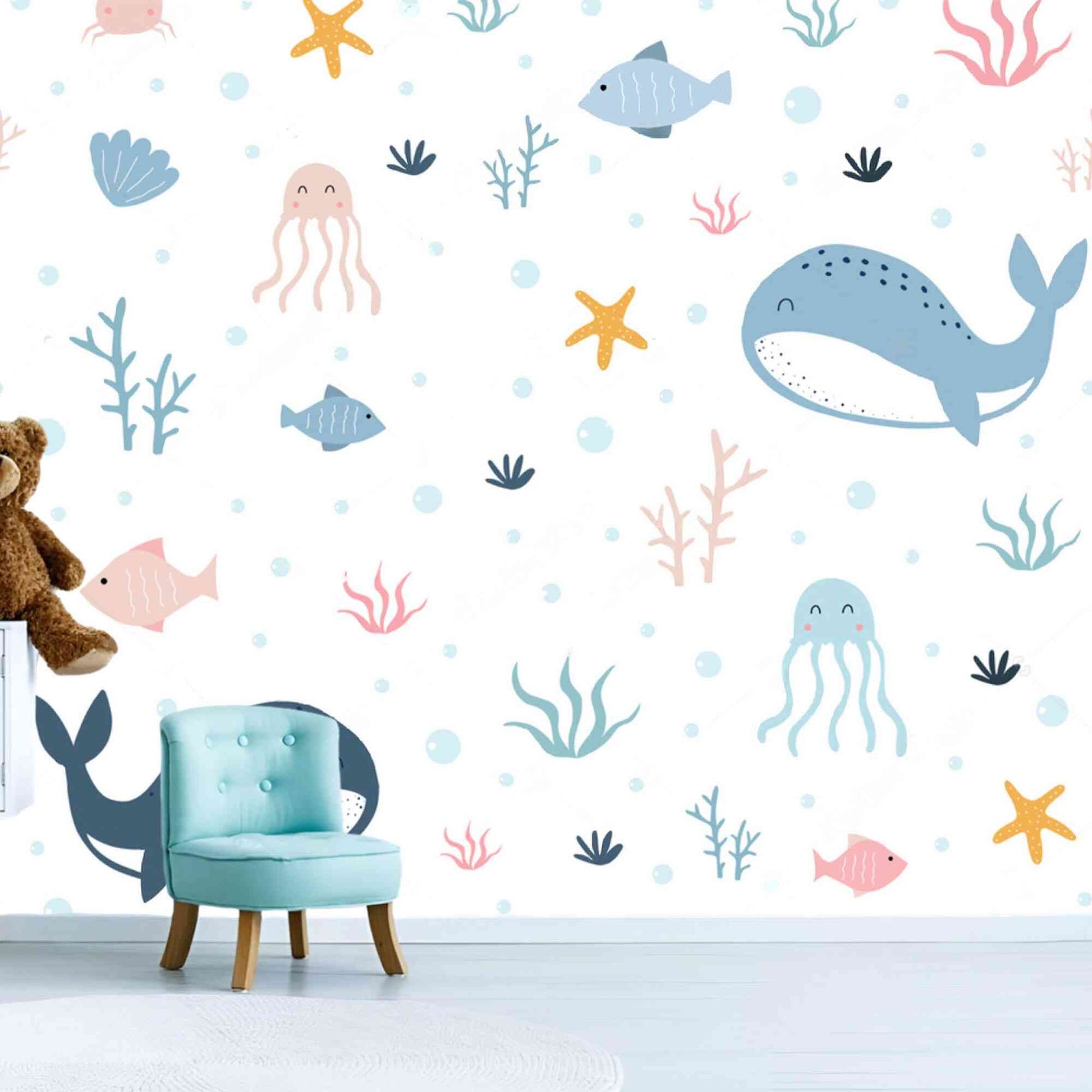 Adorable sea creatures swimming in a vibrant underwater scene - Ocean Dwellers Murals Child's Wallpaper.