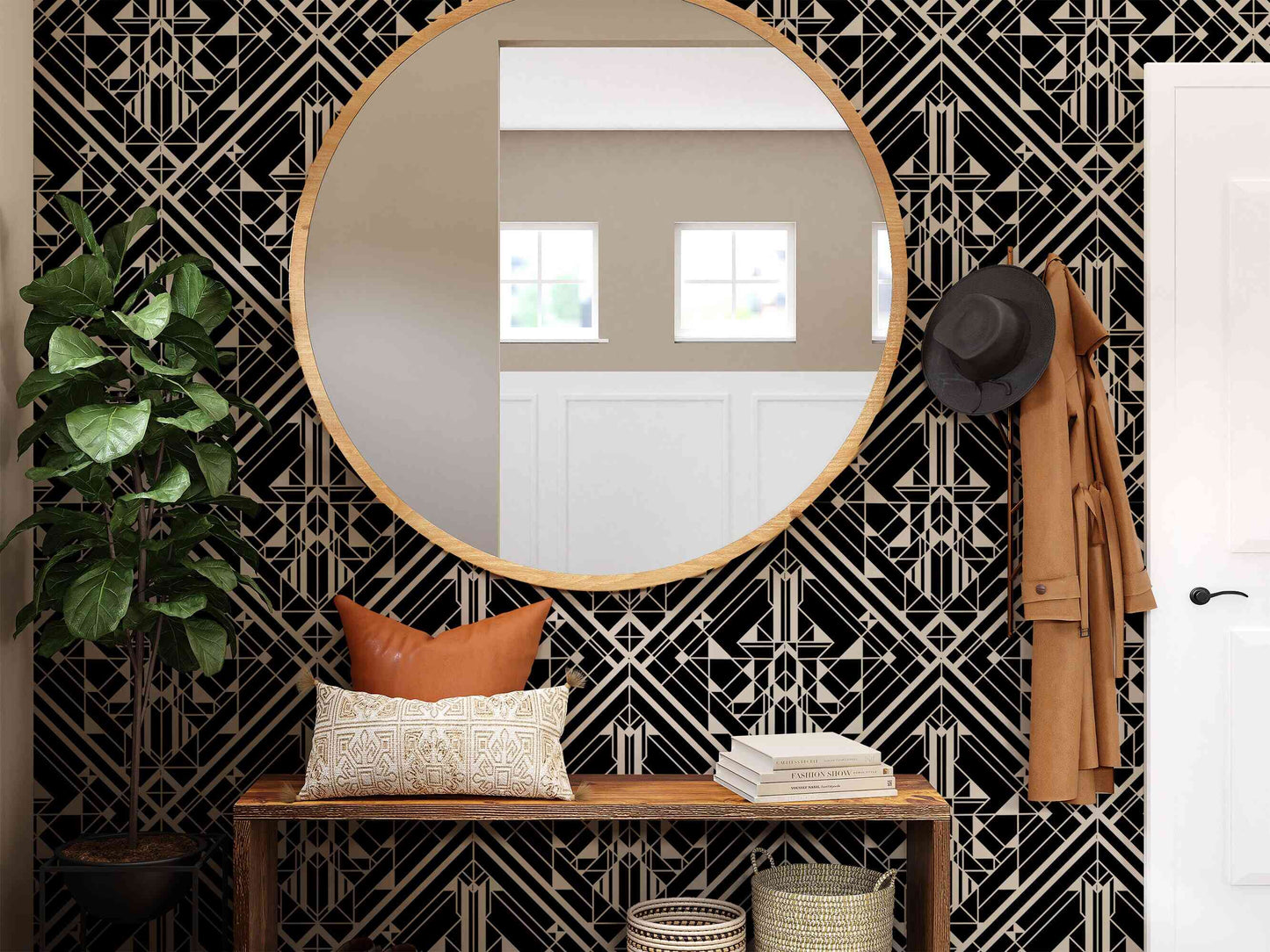 Peel and stick black and white wallpaper, easy to apply for an instant decor upgrade.