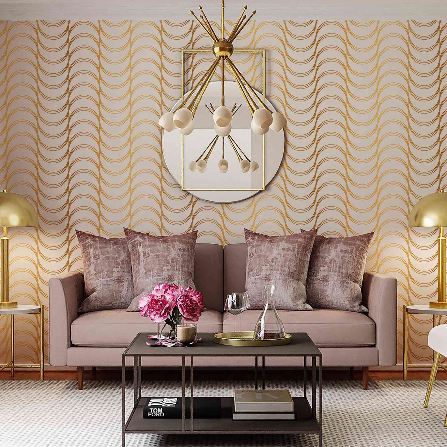 Peel and stick wallpaper with a stunning gold pattern mural, adding a touch of luxury.