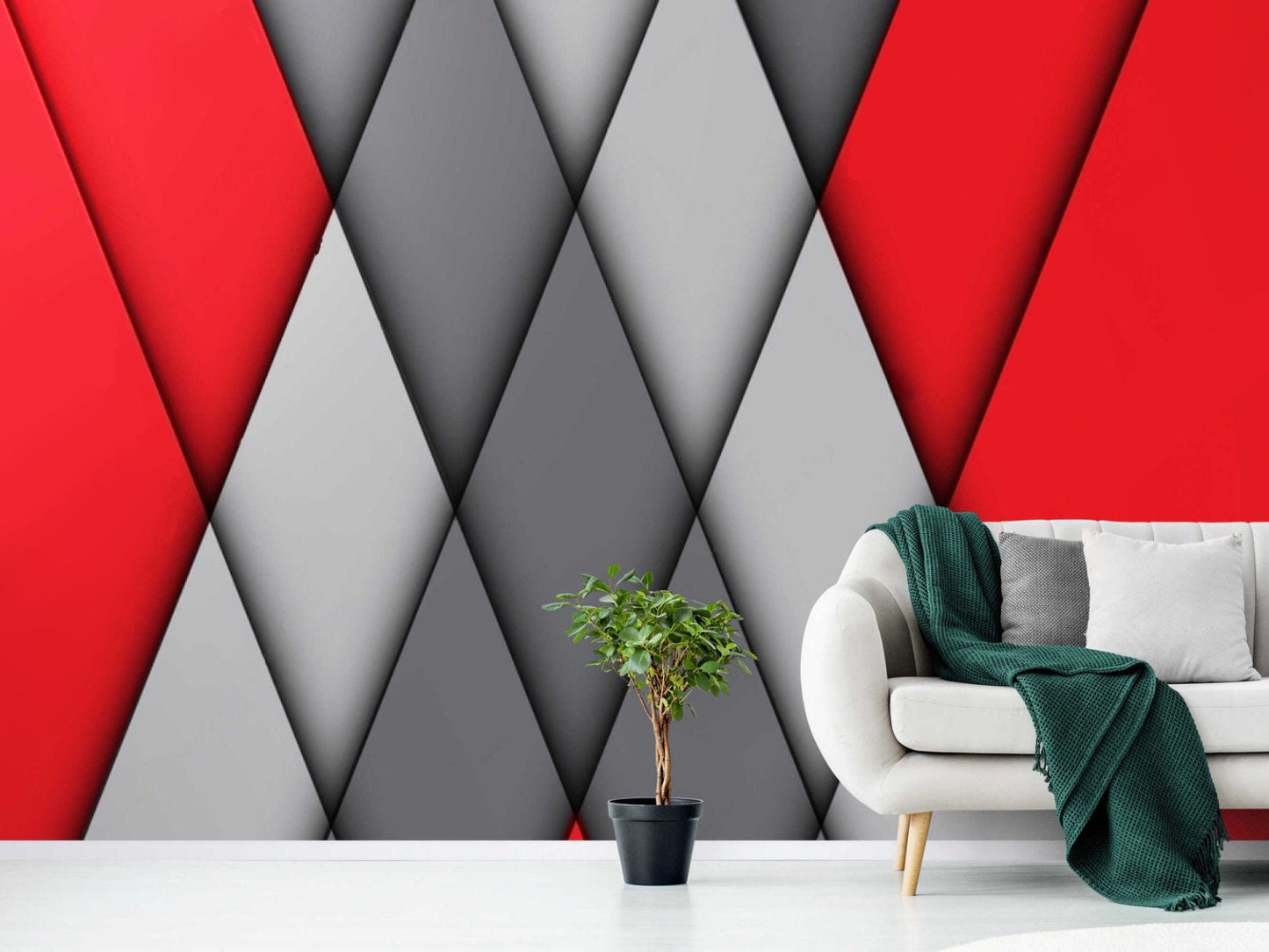 peel and stick installation of geometric red with grey wallpaper