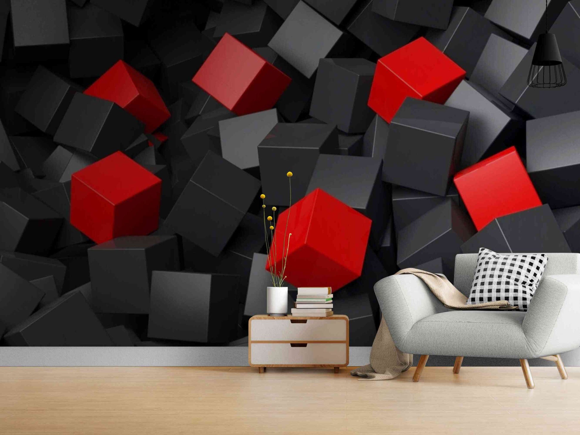 Easy peel and stick installation of black and red cubes wallpaper
