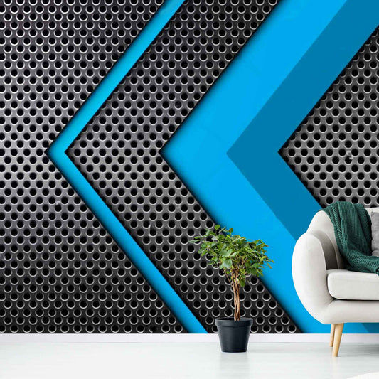 Perforated metal 3D wallpaper with blue accent wall design, showcasing industrial textures and contemporary allure.