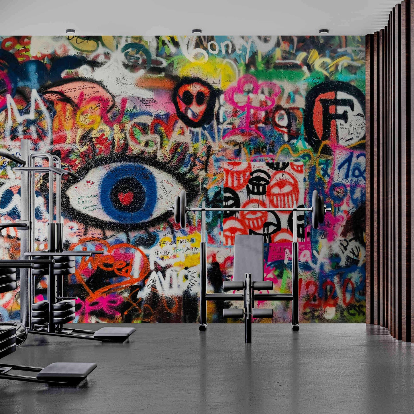 Personalized graffiti art mural transforming a bedroom wall with vibrant colors.