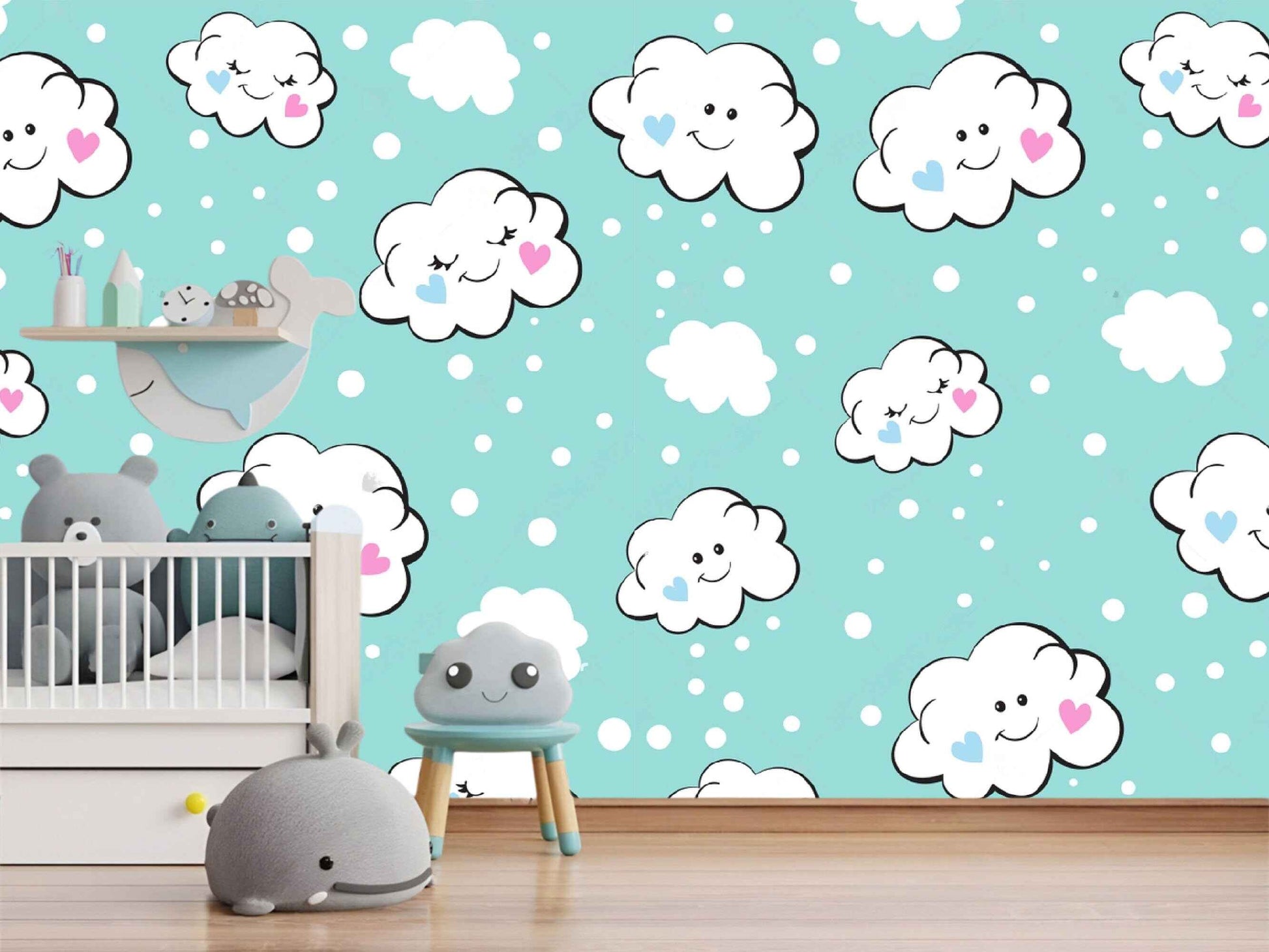 Playful clouds wall art in a kids' room, inspiring imagination and creativity.
