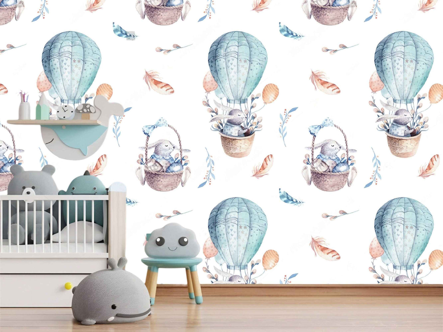Playful rabbit in a balloon wall art in a kids' room, inspiring imagination and creativity.