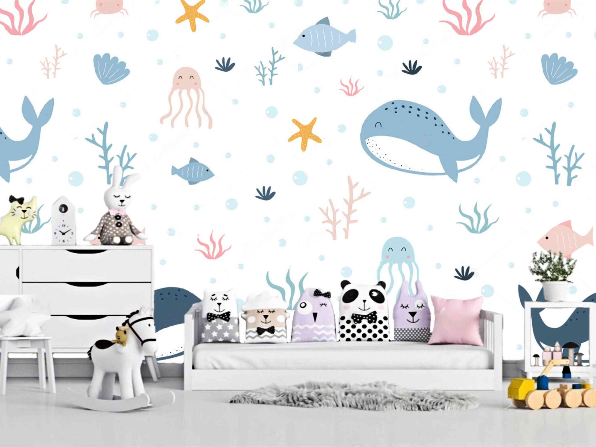 Playful dolphins and friendly turtles bring joy and imagination to your child's room - Ocean Dwellers Murals Child's Wallpaper.
