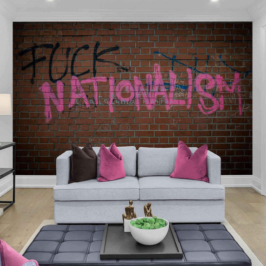 Political messages and symbols on a red brick wall wallpaper for thought-provoking decor.