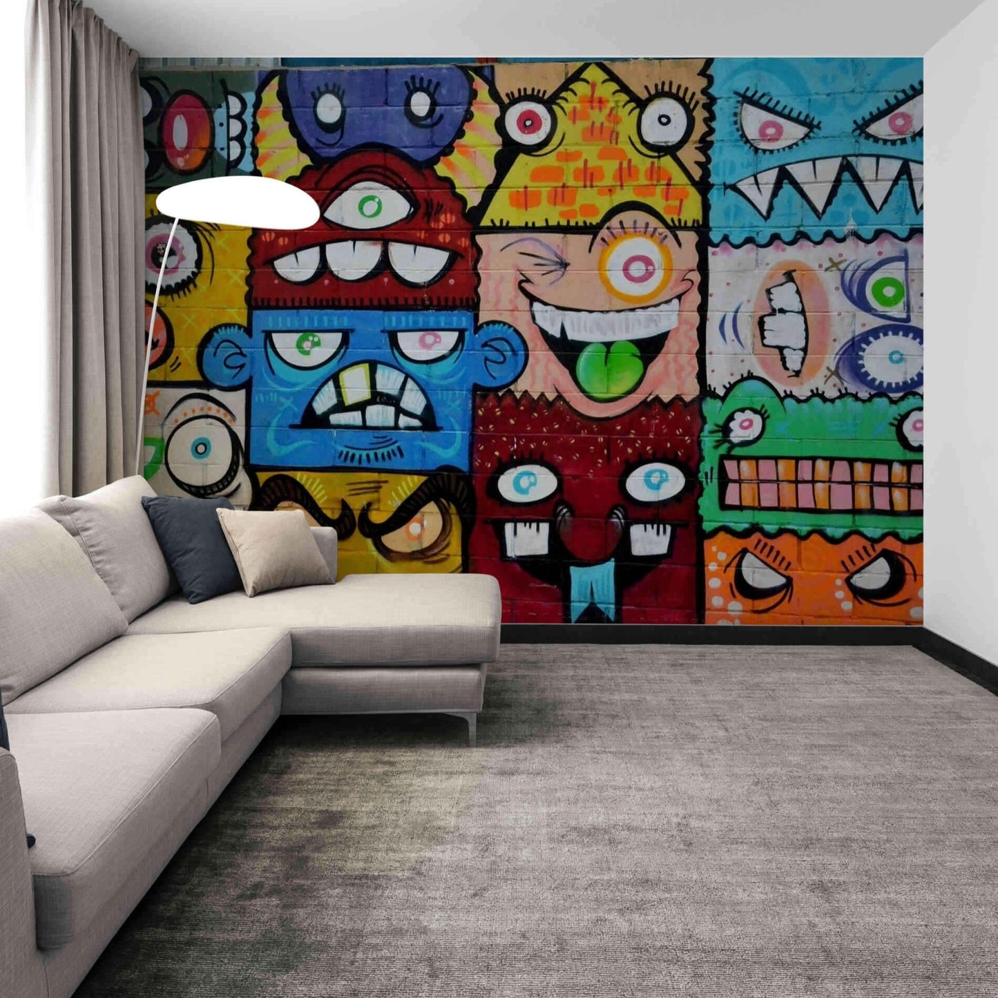 Vibrant pop art and graffiti fusion on a wall mural, featuring bold colors and iconic imagery, perfect for adding a dynamic and artistic statement to any room.