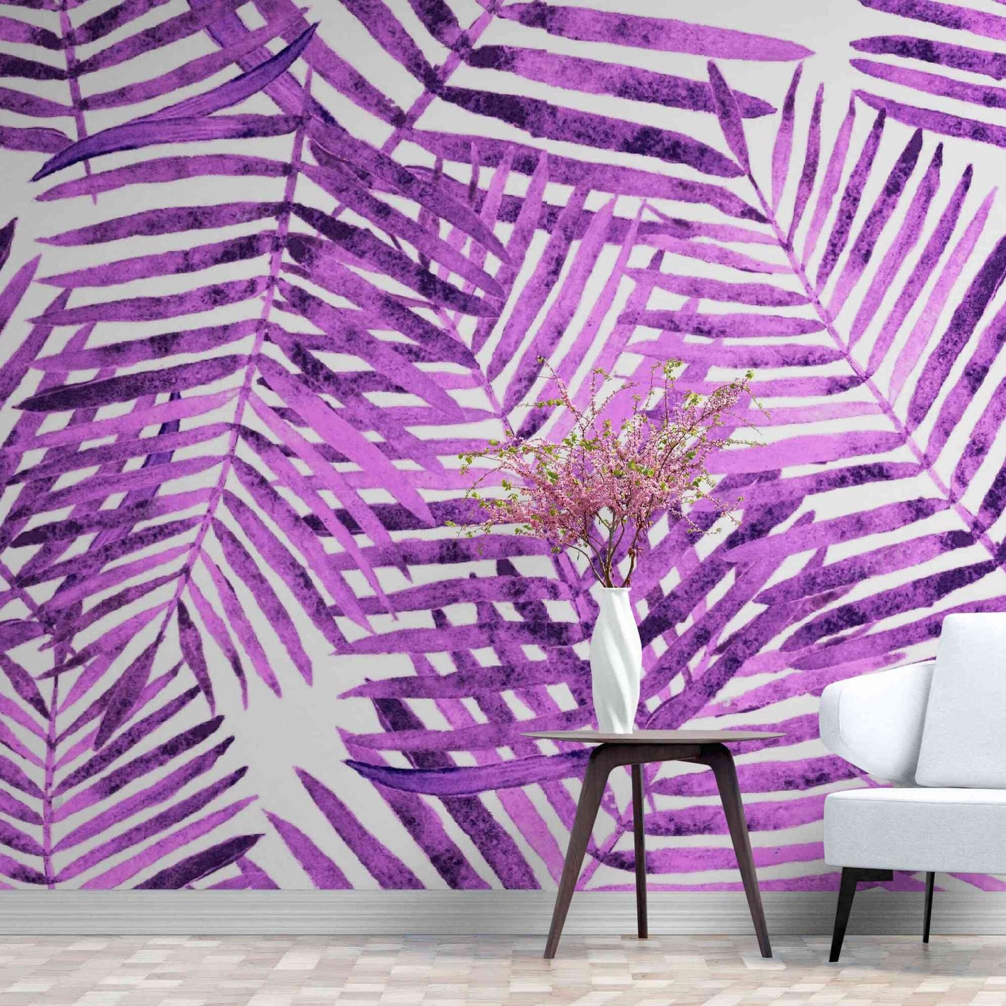 Stunning purple tropical leaves wallpaper on an accent wall