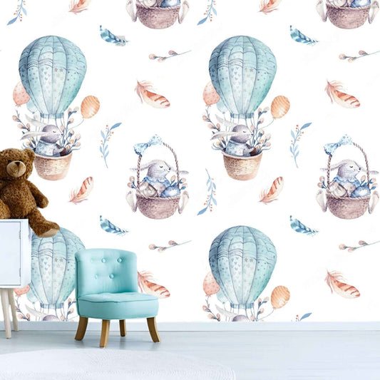 Rabbit flying in a balloon wallpaper in a kids' bedroom, adding a touch of magic and adventure to the decor.
