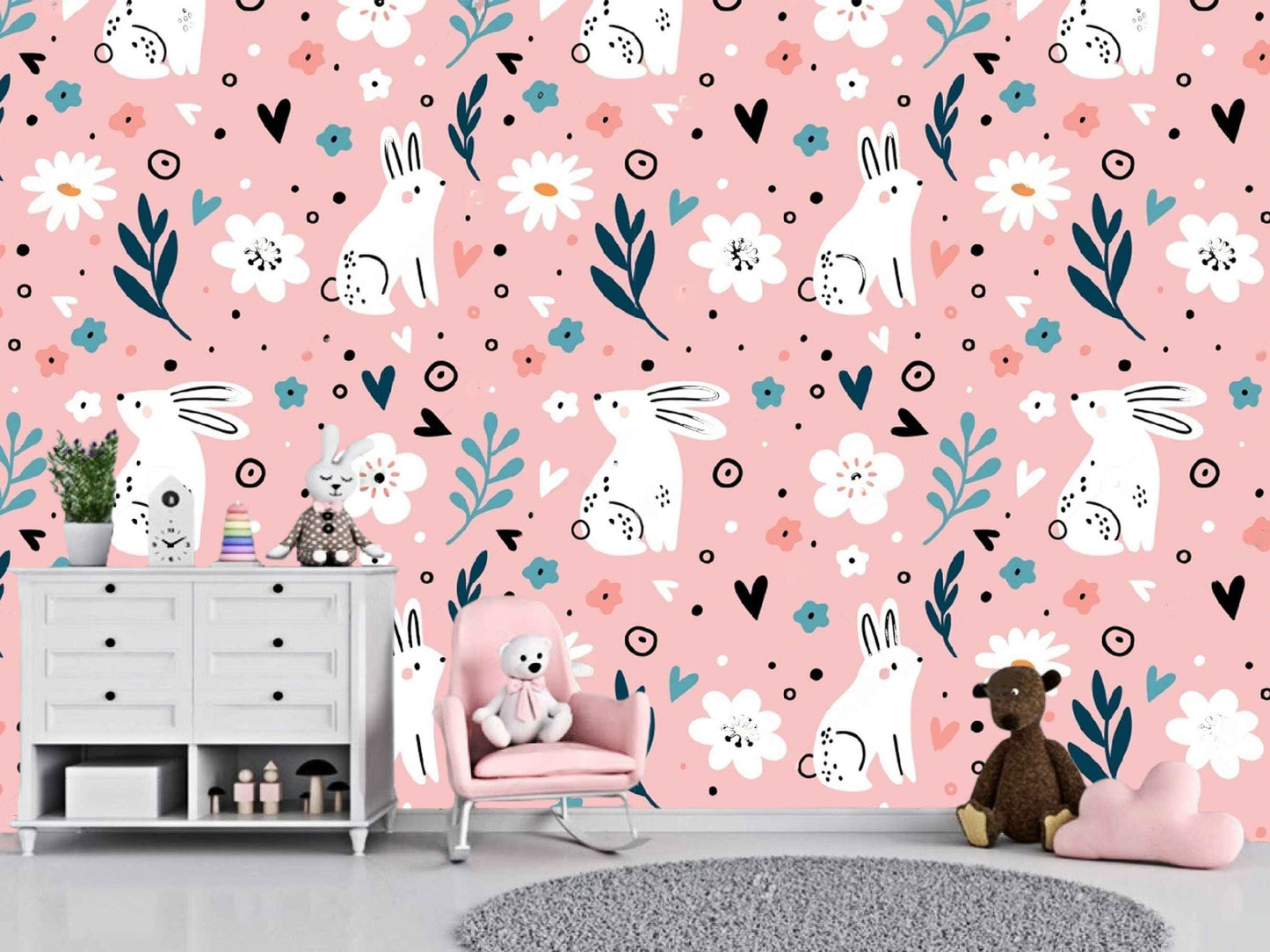Whimsical rabbit pattern wallpaper mural, creating a delightful and serene ambiance.