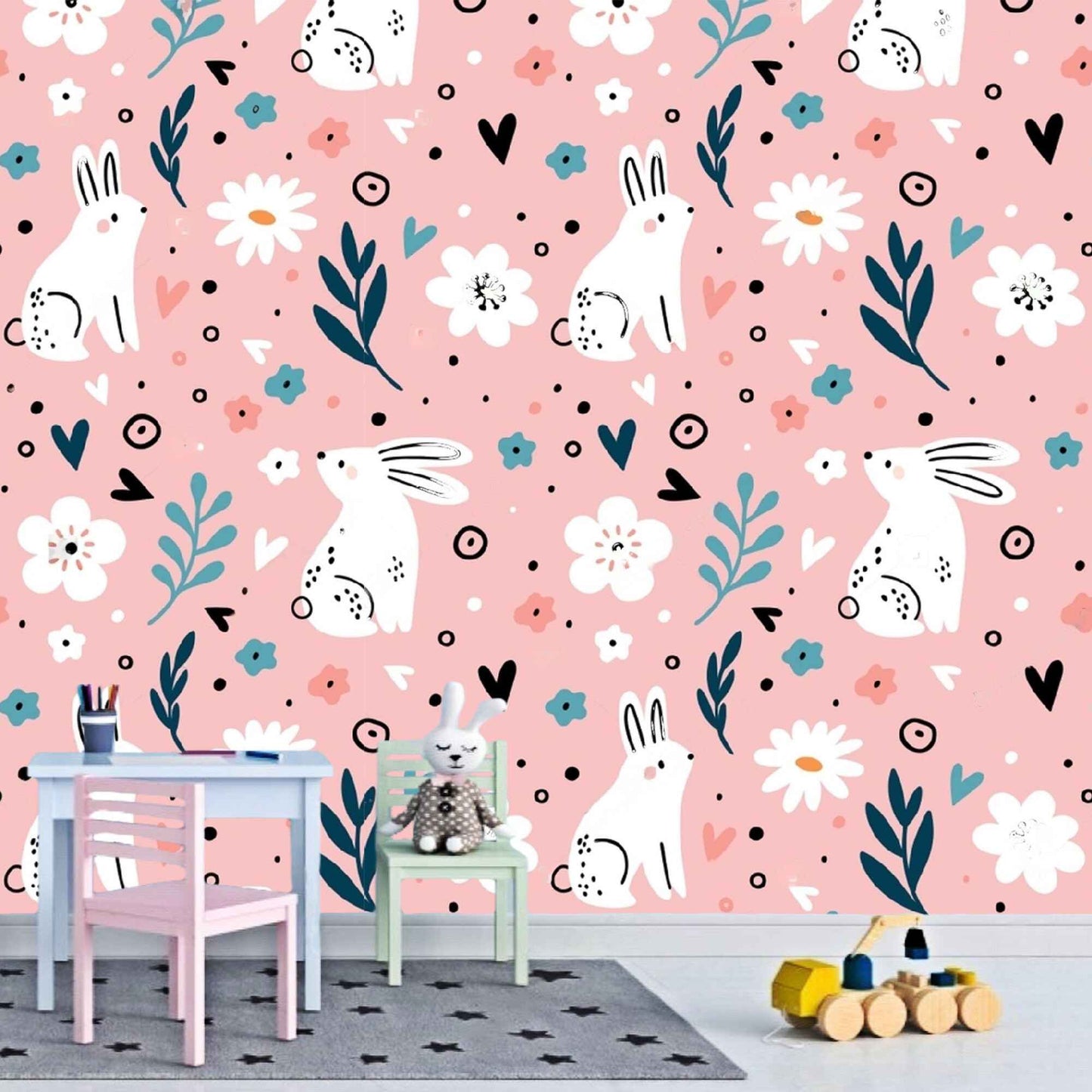 Charming rabbits pattern wallpaper in a newborn's bedroom, adding a touch of sweetness and playfulness to the decor.