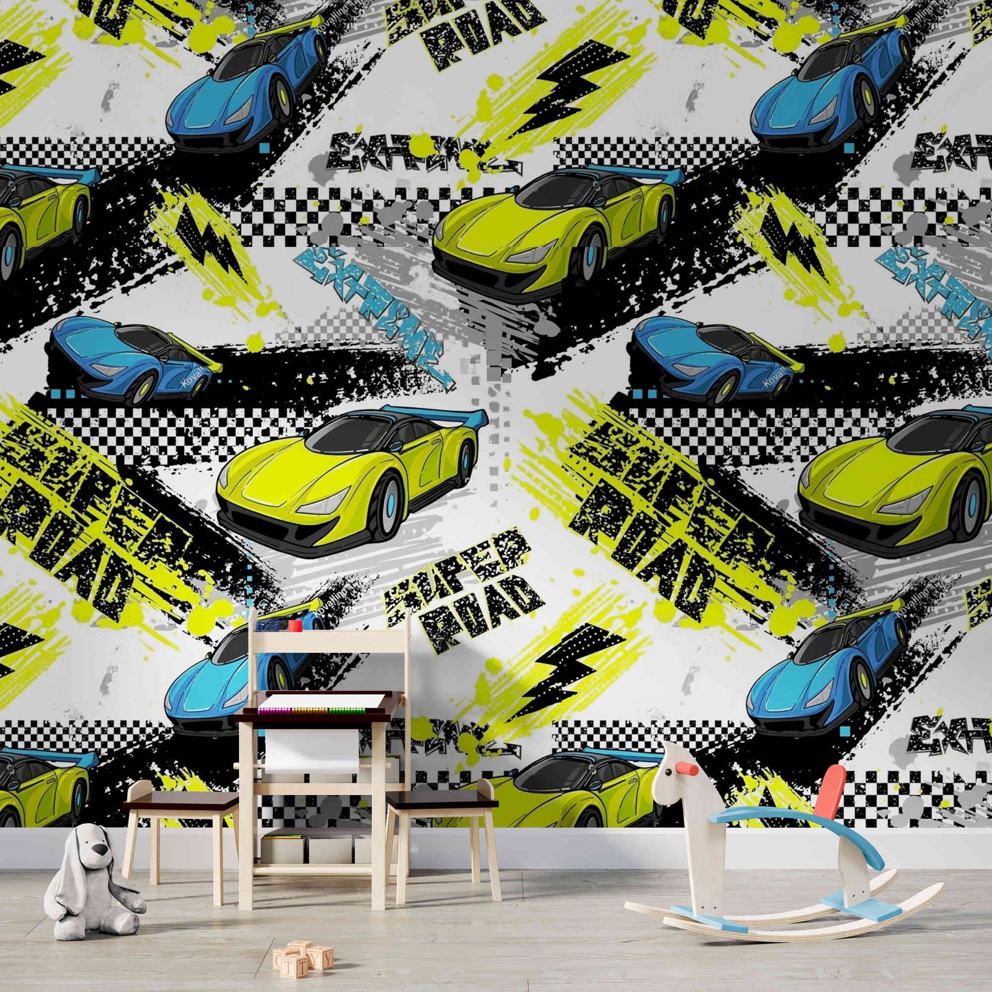 Race Car Wallpaper featuring sports cars, checkered flags, and dynamic racing elements, perfect for kids' rooms and playrooms. Peel and stick or traditional.