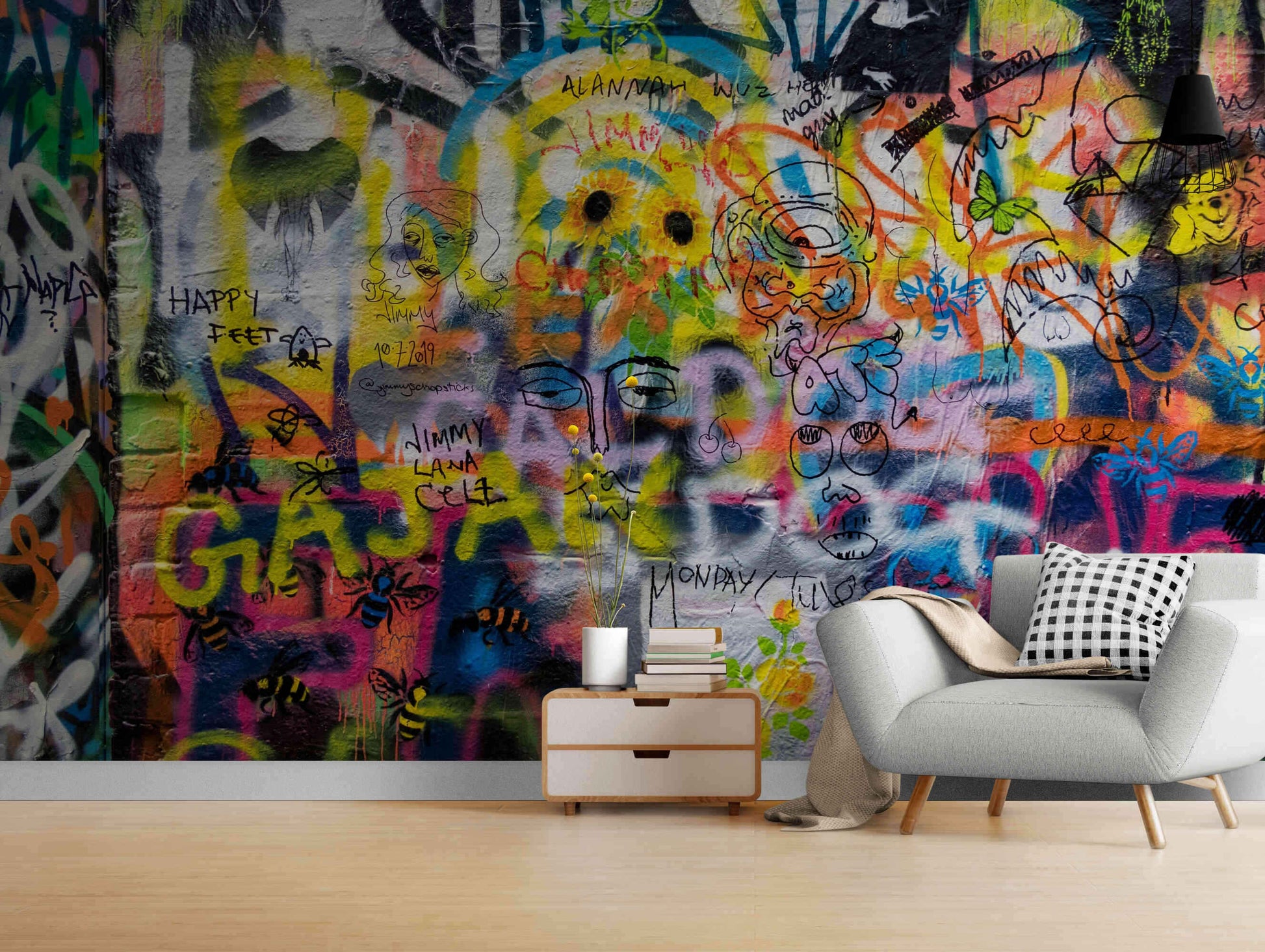 Urban Energy Self Adhesive Graffiti Wallpaper in Bedroom